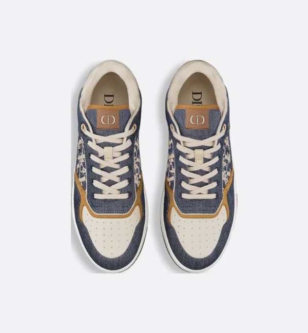 B27 Uptown Low – Blue Denim with Beige and Cognac Smooth Calfskin and Blue and Beige Raffia-Effect Dior Oblique Denim